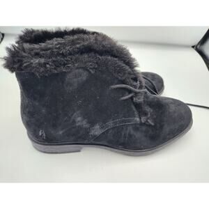 Black Suede Ankle Boots with Faux Fur Trim, Lace-Up Closure